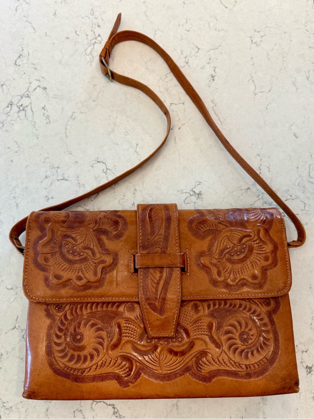 Vintage Hand-Tooled Leather Crossbody Bag